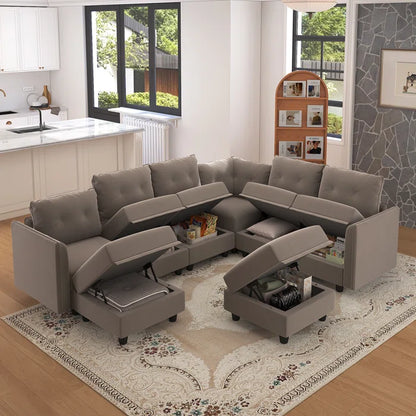 U-Shape Sectional Sofa: Retro-Modern Style 8 - Piece Upholstery Sectional(Camel Faux Leather)