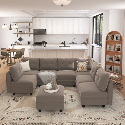 U-Shape Sectional Sofa: Retro-Modern Style 8 - Piece Upholstery Sectional(Camel Faux Leather)