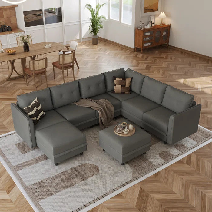 U-Shape Sectional Sofa: Retro-Modern Style 8 - Piece Upholstered Sectional(Gray Faux Leather)