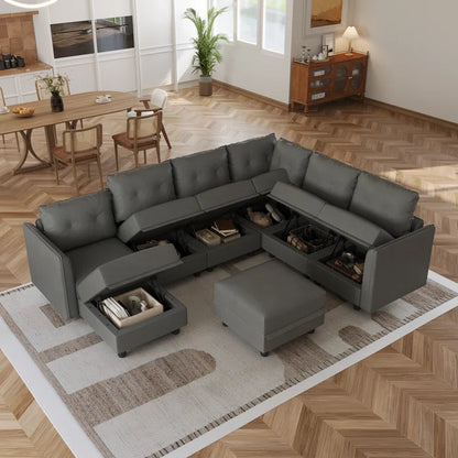 U-Shape Sectional Sofa: Retro-Modern Style 8 - Piece Upholstered Sectional(Gray Faux Leather)