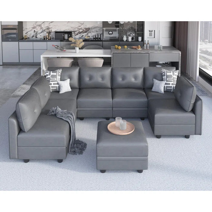 U-Shape Sectional Sofa: Retro-Modern Style 8 - Piece Upholstered Sectional(Gray Faux Leather)