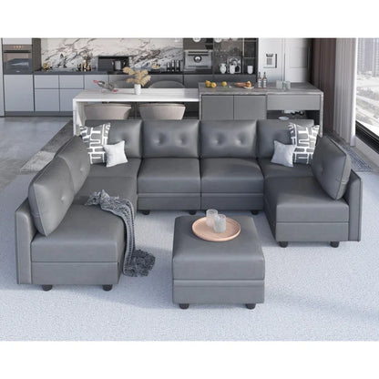 U-Shape Sectional Sofa: Retro-Modern Style 8 - Piece Upholstered Sectional(Gray Faux Leather)
