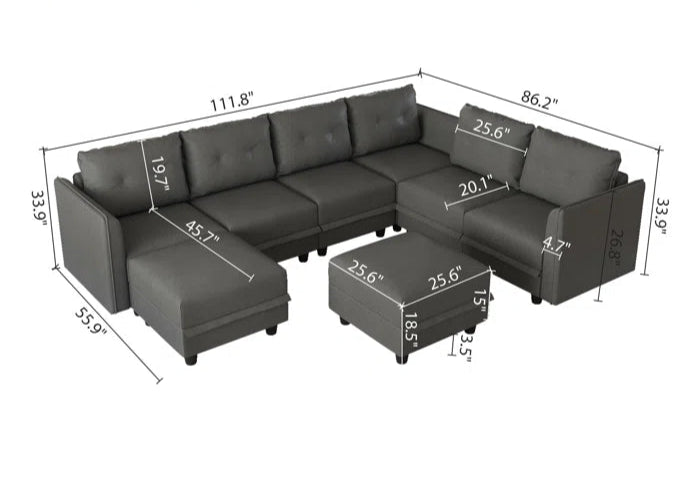 U-Shape Sectional Sofa: Retro-Modern Style 8 - Piece Upholstered Sectional(Gray Faux Leather)