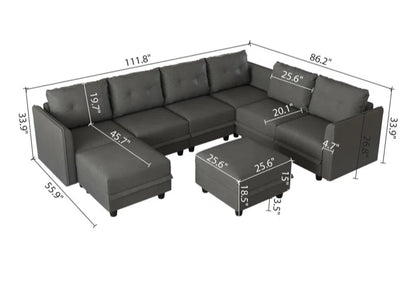 U-Shape Sectional Sofa: Retro-Modern Style 8 - Piece Upholstered Sectional(Gray Faux Leather)