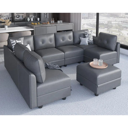 U-Shape Sectional Sofa: Retro-Modern Style 8 - Piece Upholstered Sectional(Gray Faux Leather)
