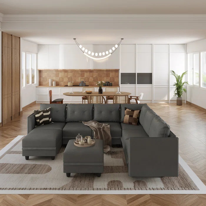 U-Shape Sectional Sofa: Retro-Modern Style 8 - Piece Upholstered Sectional(Gray Faux Leather)