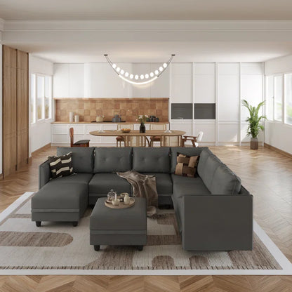 U-Shape Sectional Sofa: Retro-Modern Style 8 - Piece Upholstered Sectional(Gray Faux Leather)