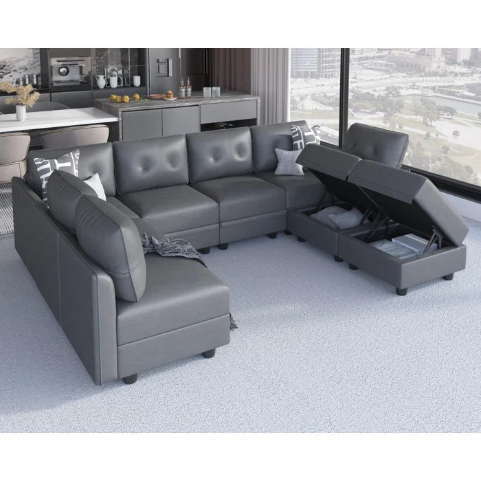 U-Shape Sectional Sofa: Retro-Modern Style 8 - Piece Upholstered Sectional(Gray Faux Leather)