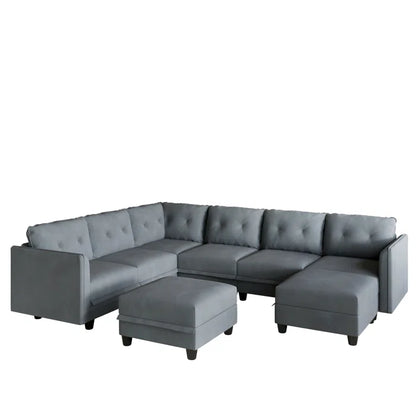 U-Shape Sectional Sofa: Retro-Modern Style 8 - Piece Upholstered Sectional(Gray Polyester Blend)