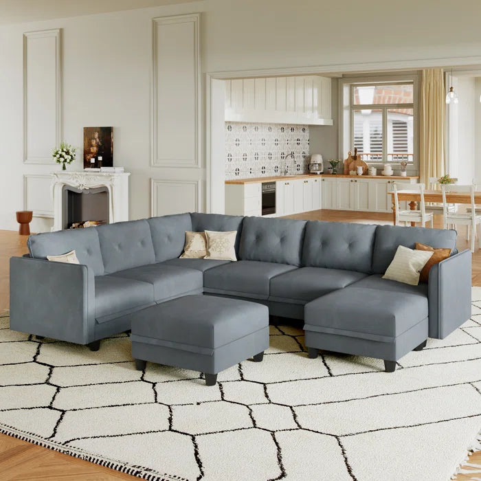 U-Shape Sectional Sofa: Retro-Modern Style 8 - Piece Upholstered Sectional(Gray Polyester Blend)
