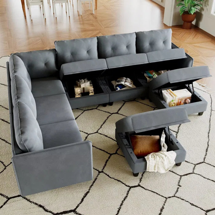 U-Shape Sectional Sofa: Retro-Modern Style 8 - Piece Upholstered Sectional(Gray Polyester Blend)