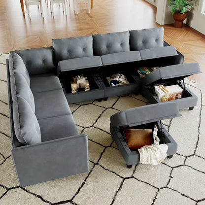 U-Shape Sectional Sofa: Retro-Modern Style 8 - Piece Upholstered Sectional(Gray Polyester Blend)