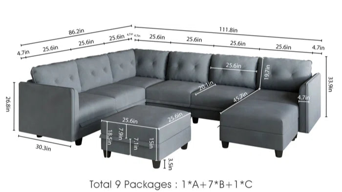 U-Shape Sectional Sofa: Retro-Modern Style 8 - Piece Upholstered Sectional(Gray Polyester Blend)