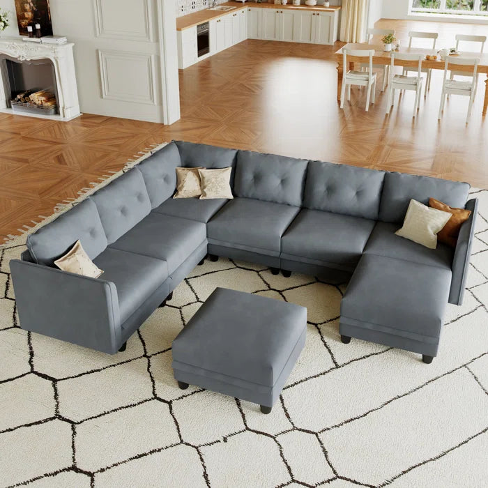 U-Shape Sectional Sofa: Retro-Modern Style 8 - Piece Upholstered Sectional(Gray Polyester Blend)