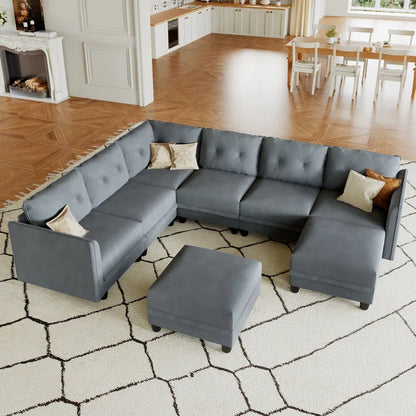 U-Shape Sectional Sofa: Retro-Modern Style 8 - Piece Upholstered Sectional(Gray Polyester Blend)