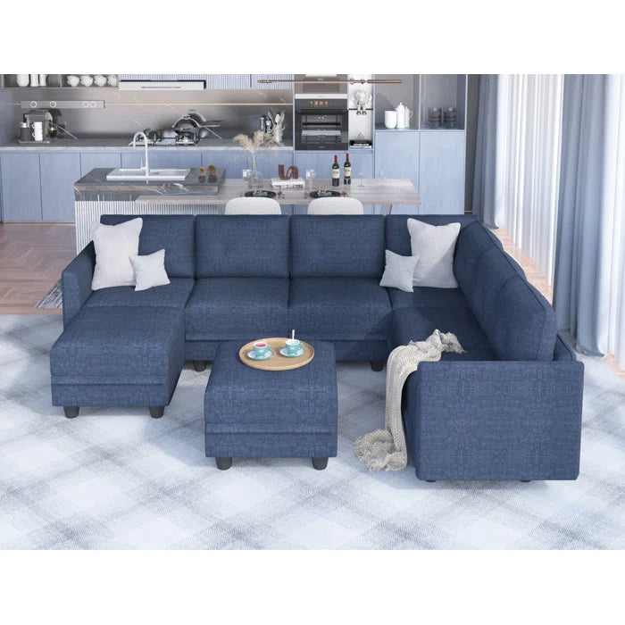 Modern Sofa Set: Retro-Modern Style 8 - Piece U-Shape Upholstered Sectional(Navy Blue Polyester Blend)