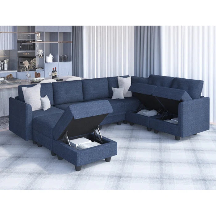 Modern Sofa Set: Retro-Modern Style 8 - Piece U-Shape Upholstered Sectional(Navy Blue Polyester Blend)