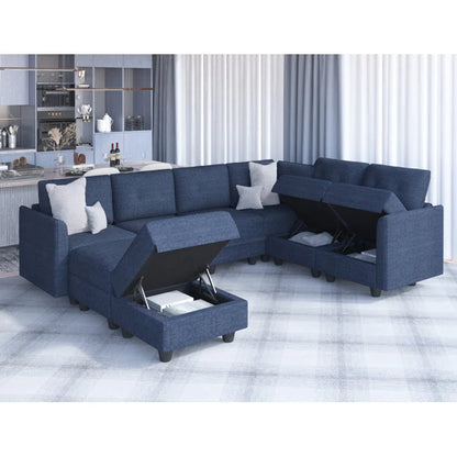 Modern Sofa Set: Retro-Modern Style 8 - Piece U-Shape Upholstered Sectional(Navy Blue Polyester Blend)