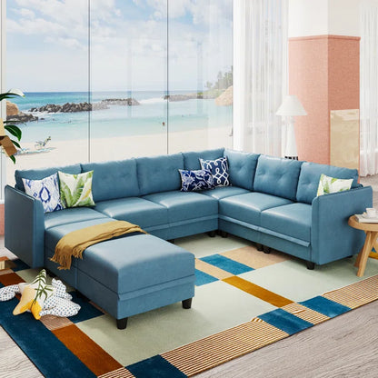 U-Shape Sectional Sofa: Retro-Modern Style 8 - Piece Upholstered Sectional(Sky Blue Faux Leather)