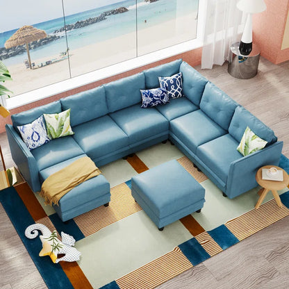 U-Shape Sectional Sofa: Retro-Modern Style 8 - Piece Upholstered Sectional(Sky Blue Faux Leather)