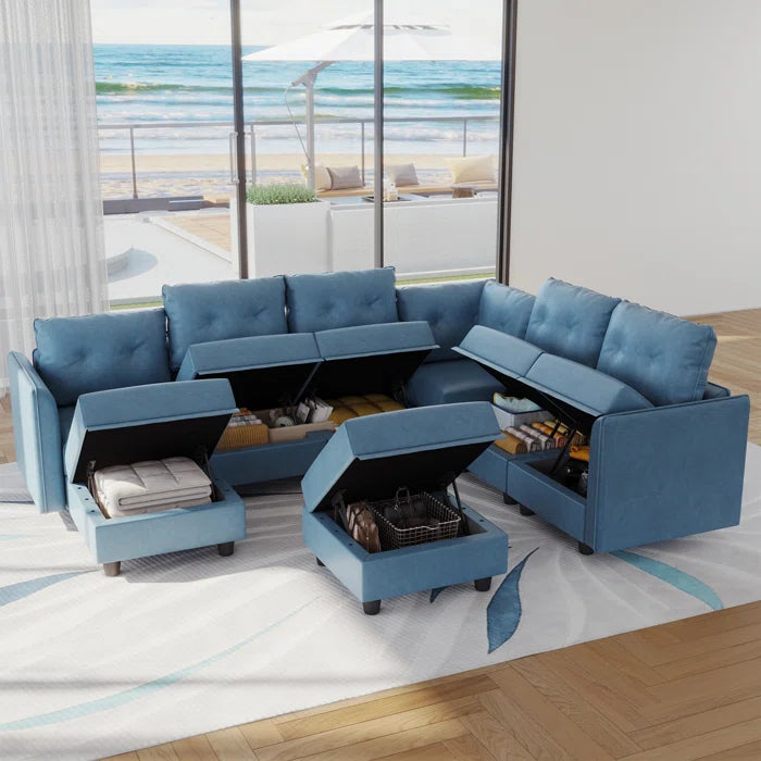 U-Shape Sectional Sofa: Retro-Modern Style 8 - Piece Upholstered Sectional(Sky Blue Faux Leather)