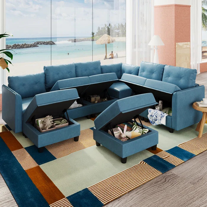 U-Shape Sectional Sofa: Retro-Modern Style 8 - Piece Upholstered Sectional(Sky Blue Faux Leather)