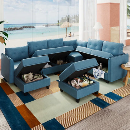U-Shape Sectional Sofa: Retro-Modern Style 8 - Piece Upholstered Sectional(Sky Blue Faux Leather)