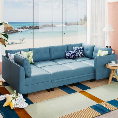 U-Shape Sectional Sofa: Retro-Modern Style 8 - Piece Upholstered Sectional(Sky Blue Faux Leather)