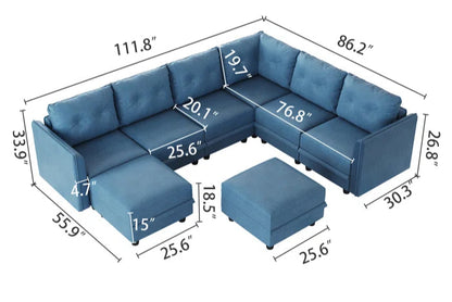 U-Shape Sectional Sofa: Retro-Modern Style 8 - Piece Upholstered Sectional(Sky Blue Faux Leather)