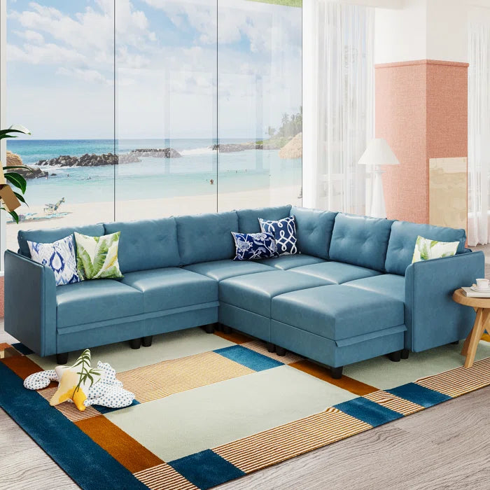 U-Shape Sectional Sofa: Retro-Modern Style 8 - Piece Upholstered Sectional(Sky Blue Faux Leather)