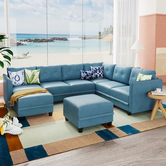 U-Shape Sectional Sofa: Retro-Modern Style 8 - Piece Upholstered Sectional(Sky Blue Faux Leather)