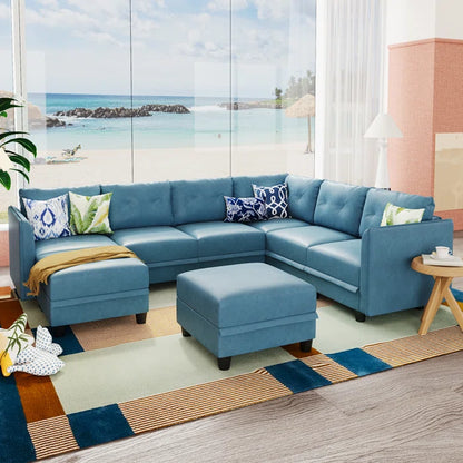 U-Shape Sectional Sofa: Retro-Modern Style 8 - Piece Upholstered Sectional(Sky Blue Faux Leather)
