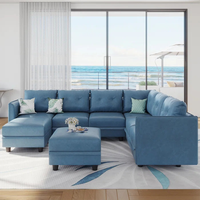 U-Shape Sectional Sofa: Retro-Modern Style 8 - Piece Upholstered Sectional(Sky Blue Faux Leather)