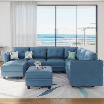 U-Shape Sectional Sofa: Retro-Modern Style 8 - Piece Upholstered Sectional(Sky Blue Faux Leather)
