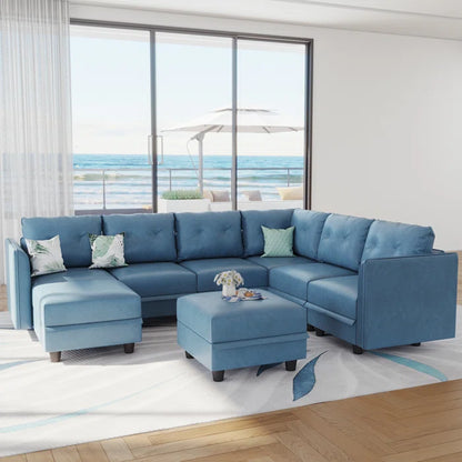 U-Shape Sectional Sofa: Retro-Modern Style 8 - Piece Upholstered Sectional(Sky Blue Faux Leather)