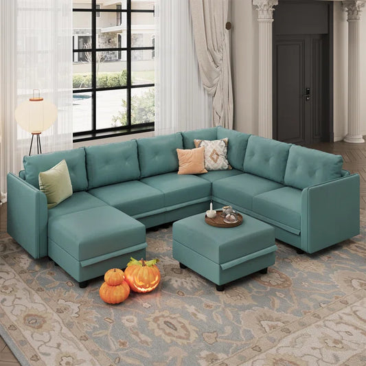 U-Shape Sectional Sofa: Retro-Modern Style 8 - Piece Upholstered Sectional(Teal Green Faux Leather)