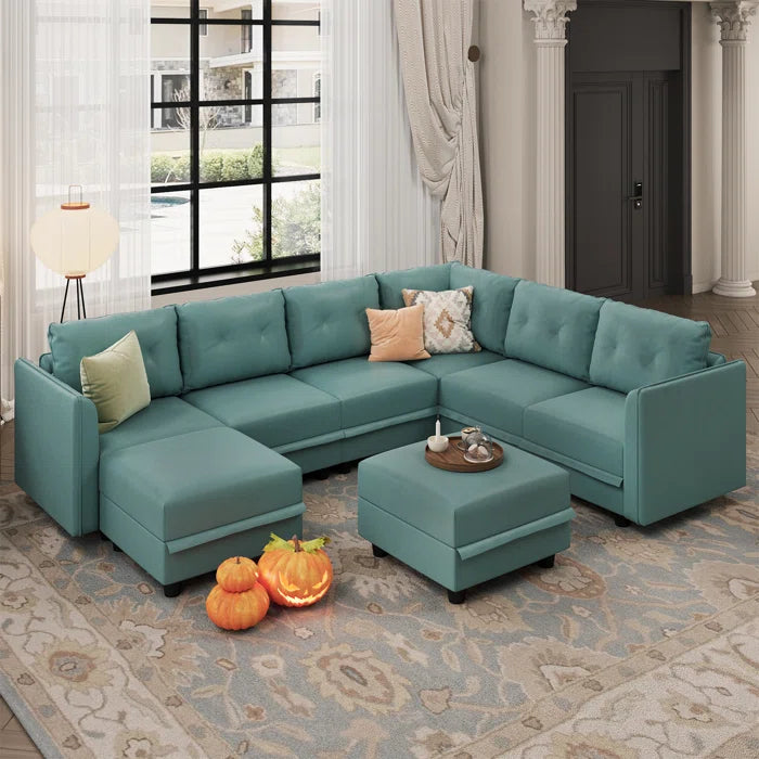 U-Shape Sectional Sofa: Retro-Modern Style 8 - Piece Upholstered Sectional(Teal Green Faux Leather)