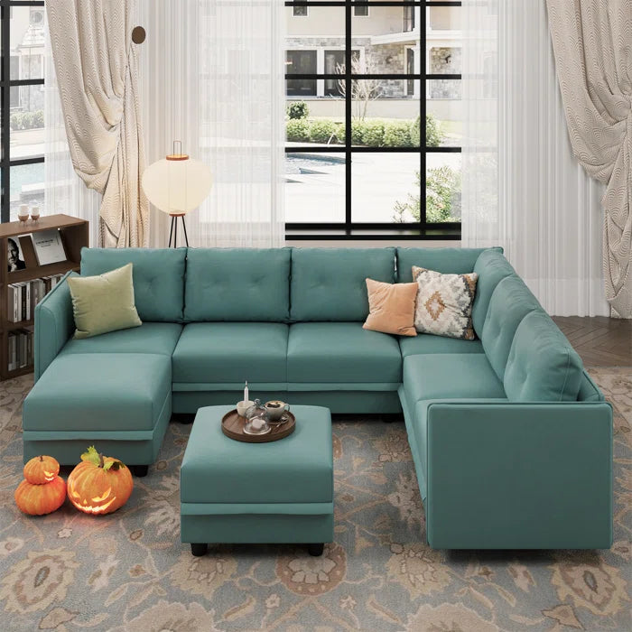 U-Shape Sectional Sofa: Retro-Modern Style 8 - Piece Upholstered Sectional(Teal Green Faux Leather)