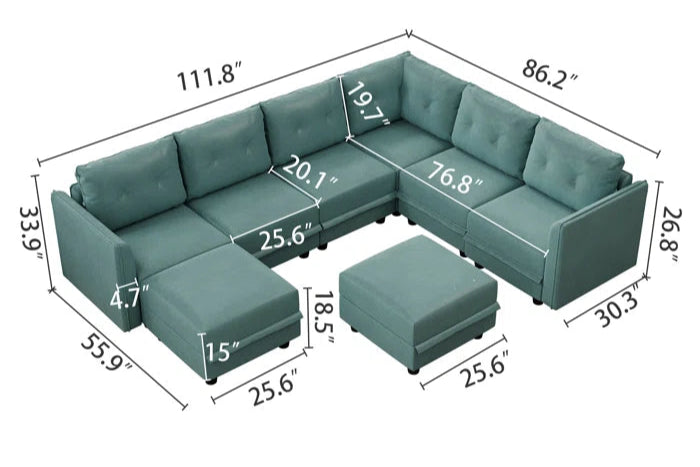 U-Shape Sectional Sofa: Retro-Modern Style 8 - Piece Upholstered Sectional(Teal Green Faux Leather)