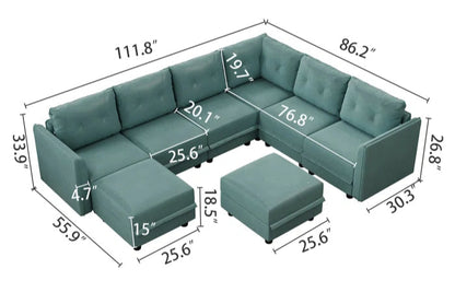 U-Shape Sectional Sofa: Retro-Modern Style 8 - Piece Upholstered Sectional(Teal Green Faux Leather)