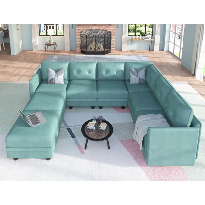 U-Shape Sectional Sofa: Retro-Modern Style 8 - Piece Upholstered Sectional(Teal Green Faux Leather)