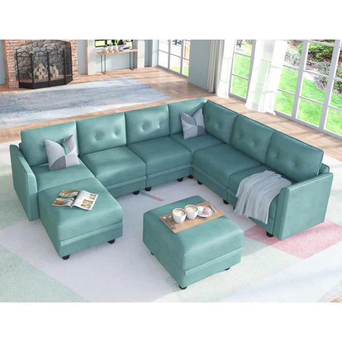 U-Shape Sectional Sofa: Retro-Modern Style 8 - Piece Upholstered Sectional(Teal Green Faux Leather)