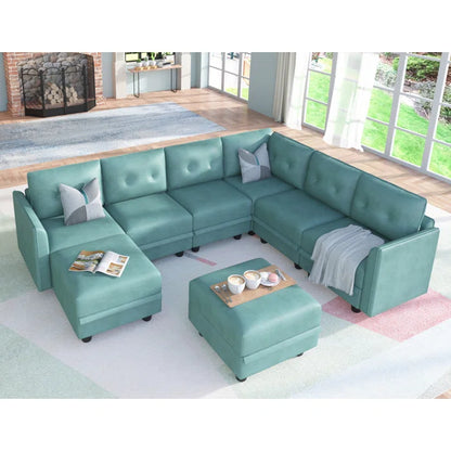 U-Shape Sectional Sofa: Retro-Modern Style 8 - Piece Upholstered Sectional(Teal Green Faux Leather)