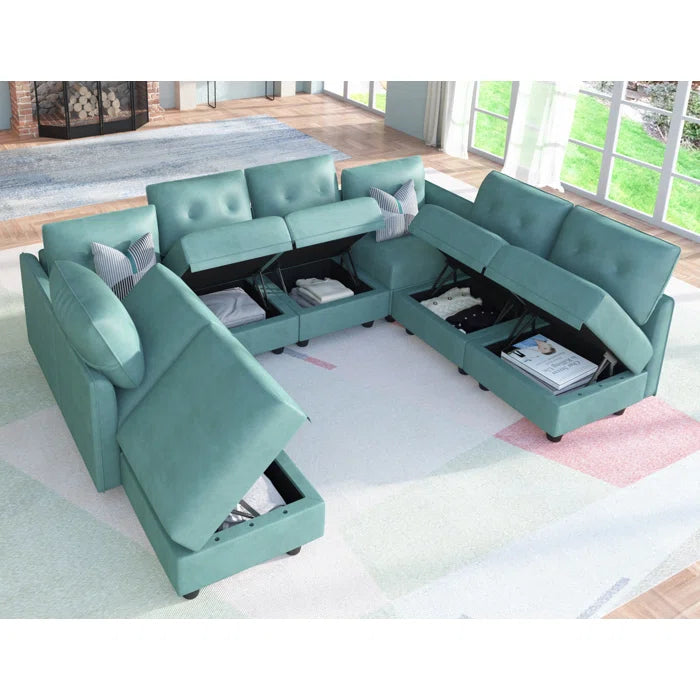 U-Shape Sectional Sofa: Retro-Modern Style 8 - Piece Upholstered Sectional(Teal Green Faux Leather)