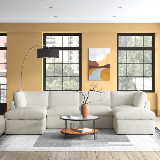 U-Shape Sectional Sofa: 129" Wide Reversible Modular Corner Sectional with Ottoman(Cream Corduroy)