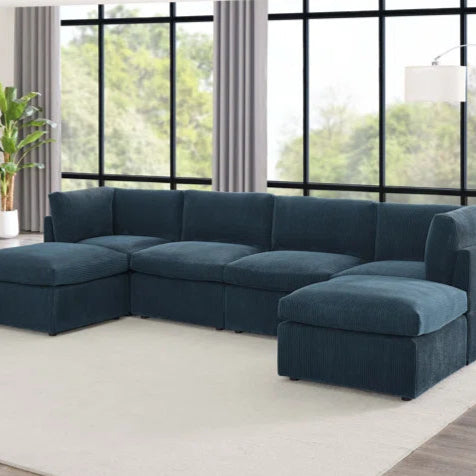 U-Shape Sectional Sofa: 129" Wide Reversible Modular Corner Sectional with Ottoman(Dark Blue Corduroy)