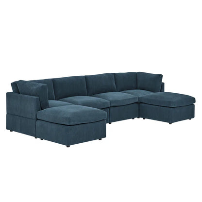 U-Shape Sectional Sofa: 129" Wide Reversible Modular Corner Sectional with Ottoman(Dark Blue Corduroy)