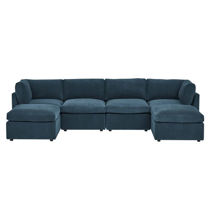 U-Shape Sectional Sofa: 129" Wide Reversible Modular Corner Sectional with Ottoman(Dark Blue Corduroy)