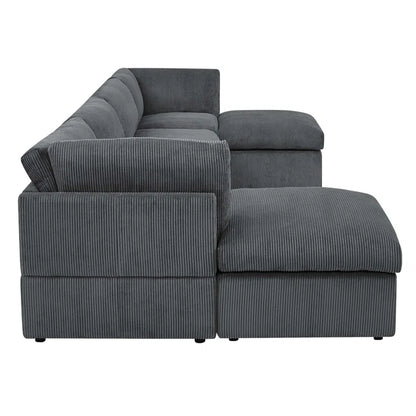 U-Shape Sectional Sofa: 129" Wide Reversible Modular Corner Sectional with Ottoman(Dark Gray Corduroy)