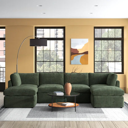 U-Shape Sectional Sofa: 129" Wide Reversible Modular Corner Sectional with Ottoman(Green Corduroy)